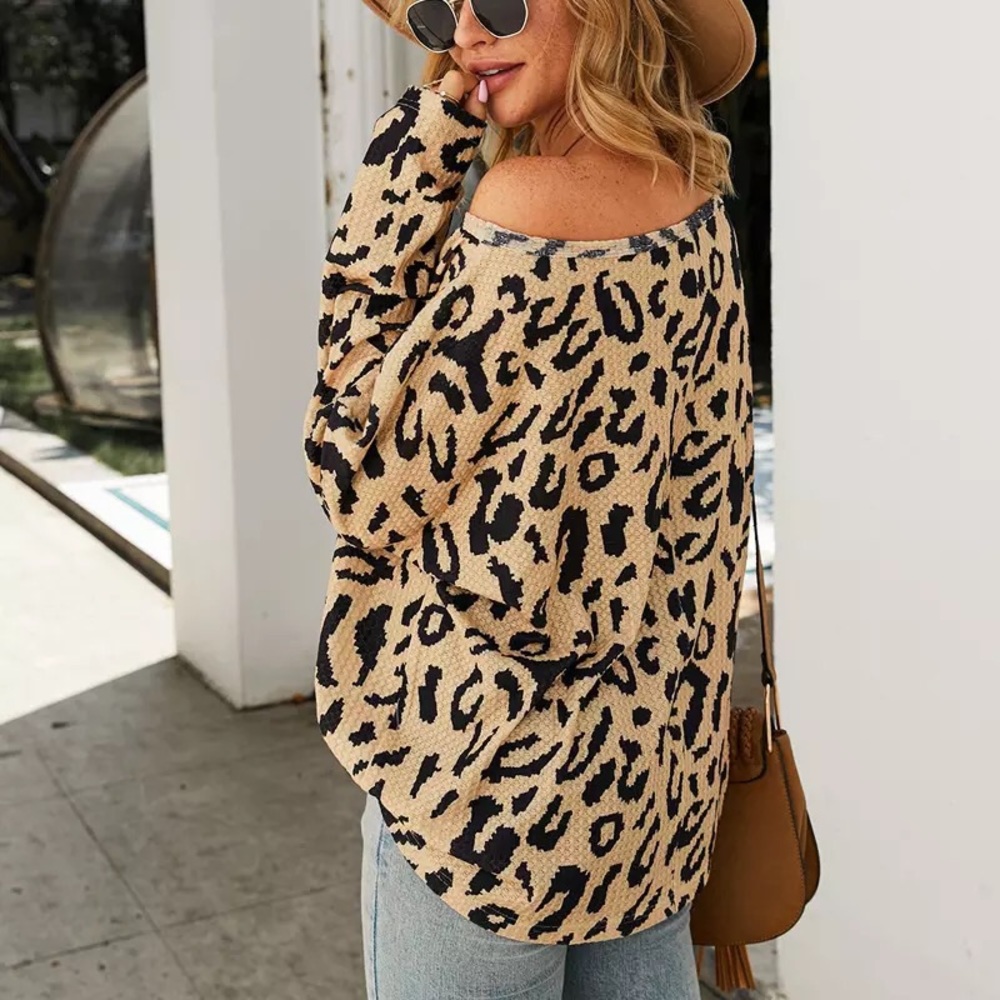 SOLD OUT CLEARANCE Beige Leopard Waffle Off Shoulder Long Sleeve Top - Picture 4 of 5
